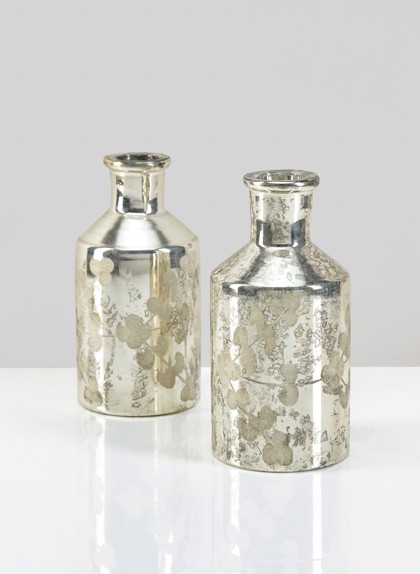 Vase en verre bouteille argenté antique gravé de 5,5 pouces de hauteur